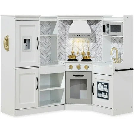 Best Choice Products Pretend Play Corner Kitchen, Interactive Wooden Kids Set w/ Lights & Sounds - White 1839