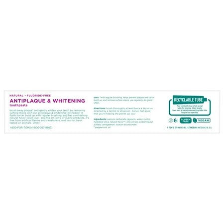 Tom's of Maine Fluoride-Free Antiplaque & Whitening Natural Toothpaste, Peppermint, 5.5 oz. 2-Pack 1305