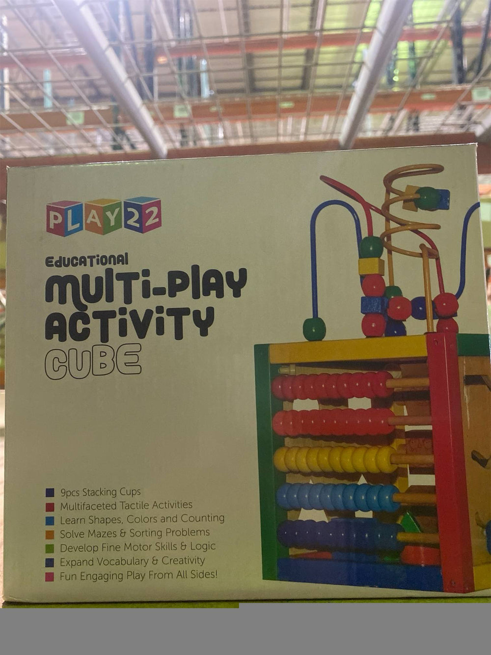 Play22 Wooden Activity Cube for Baby - 6 in-1 Baby Activity Play Cube with Bead Maze, Shape Sorter, Abacus Counting Beads, Counting Numbers, Sliding Shapes, Removable Bead Maze, 8Pcs Stacking Cups - K11 - 244