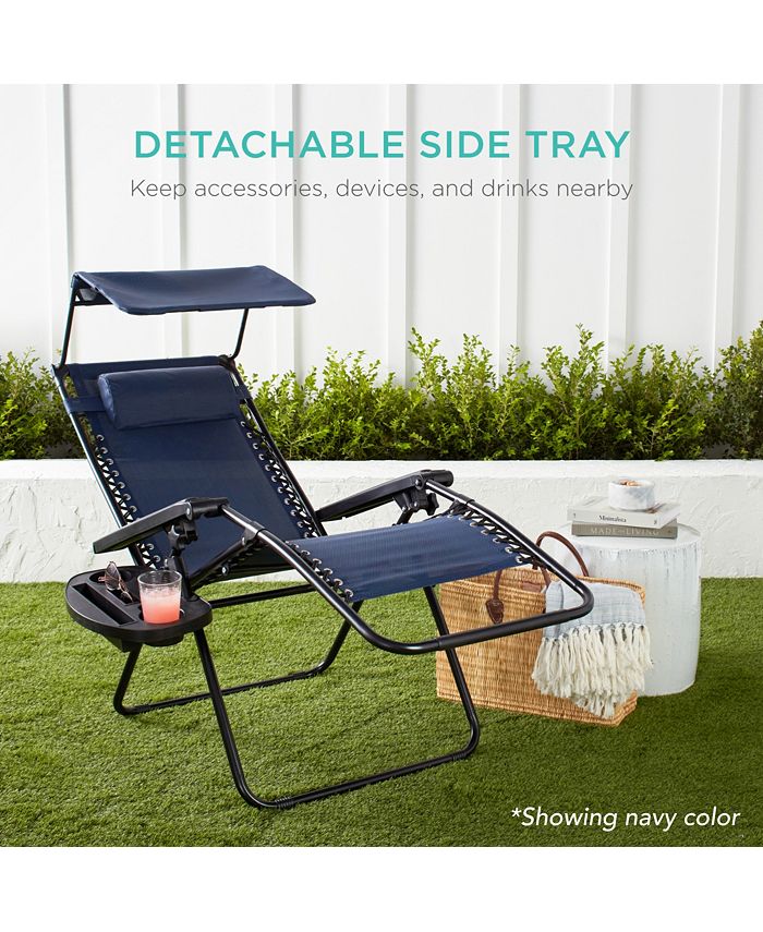 Best Choice Products Folding Zero Gravity Recliner Patio Lounge Chair w/ Canopy Shade, Headrest, Tray - Ivory/Cream 1805