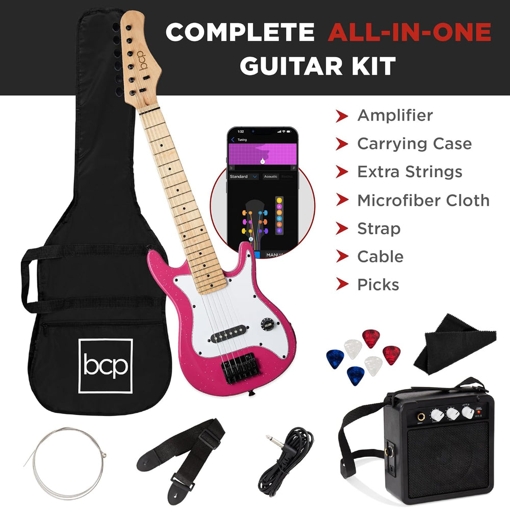 Best Choice Products 30in Kids Electric Guitar Beginner Starter Kit w/ 5W Amplifier, Strap, Gig Bag, Strings, Picks - Pink Sparkle - F10 - 1064