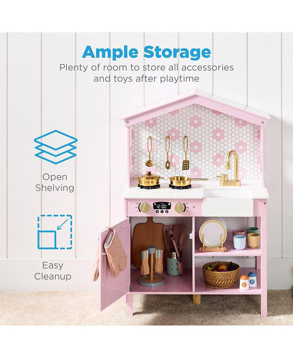 Best Choice Products Pretend Play Wooden Farmhouse Kitchen Set w/ Storage, Clicking Knobs, 5 Accessories - Pink - No Size 1974