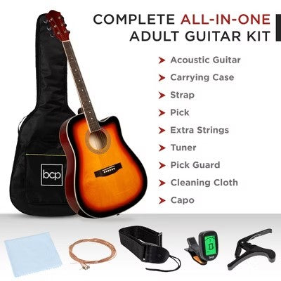 Best Choice Products 41in Full Size Beginner Acoustic Guitar Set with Case, Strap, Capo, Strings, Tuner - Sunburst -K1-0003