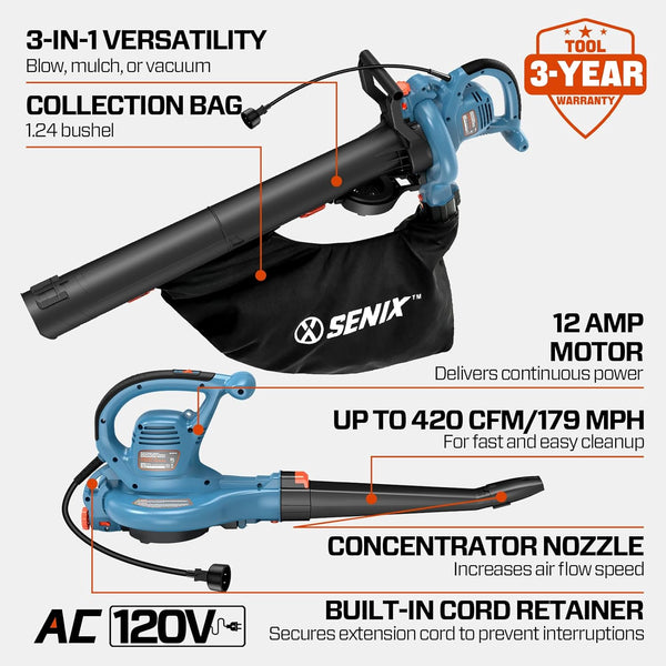 SENIX 12 AMP Leaf Blower, 3-in-1 Handheld Electric Leaf Blower, Vacuum, and Mulcher, 420 CFM, 179 MPH Airflow,Corded Blowers with Reusable Collection Bag (BLVE12-M) 1896