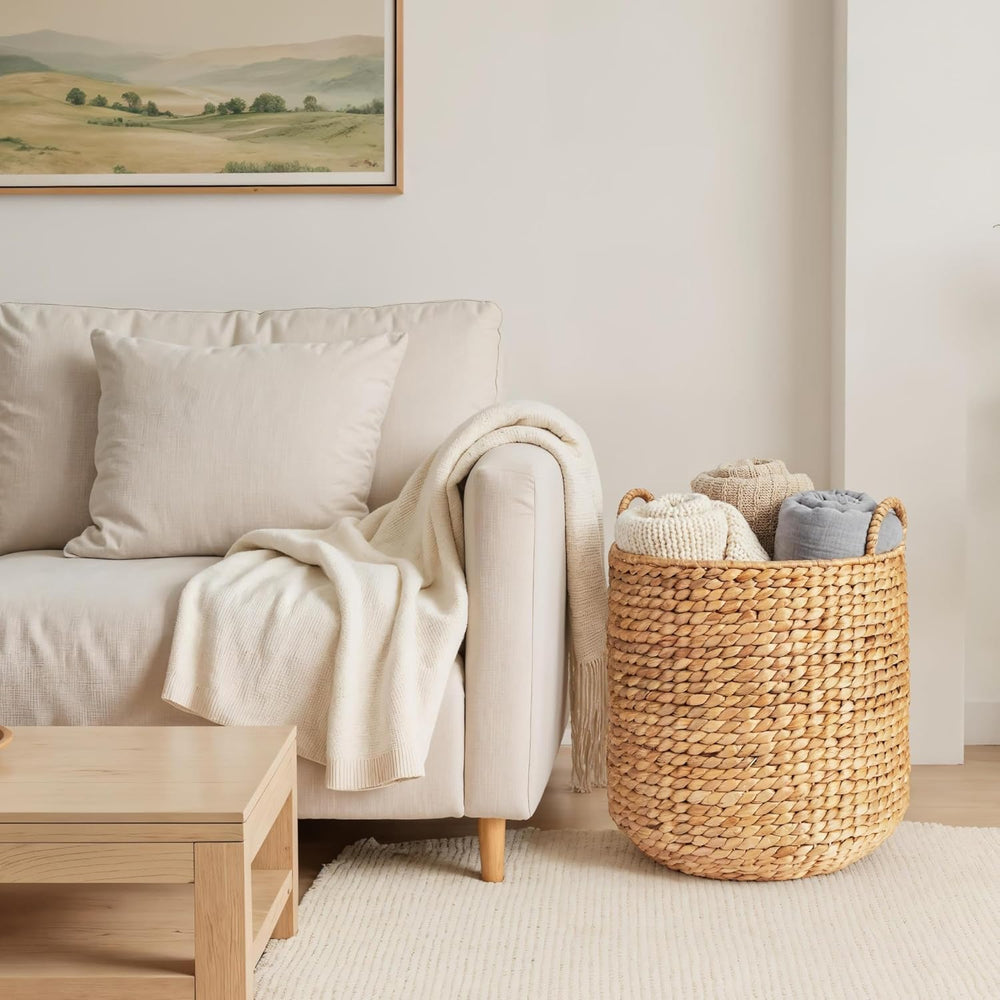 Best Choice Products Round Storage Basket w/Handles, Handwoven Water Hyacinth, Plant Holder, Storage Organizer Tote Bin for Bedroom, Living Room, Bathroom - Natural - A9 - 1463