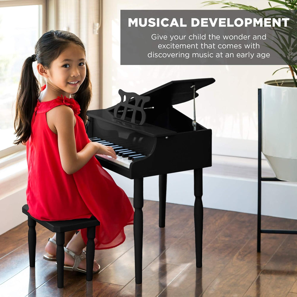 Best Choice Products Kids Classic Wooden 30-Key Mini Grand Piano Musical Instrument Toy w/ Piano Lid, Bench, Foldable Music Rack, Song Book, Note Stickers, Enamel Finish - Black - D10 - 719