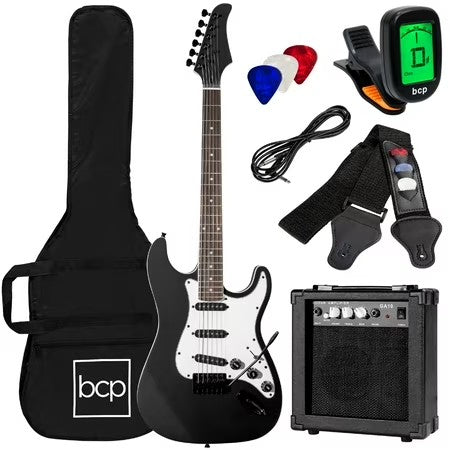 Best Choice Products 39in Full Size Beginner Electric Guitar Kit with Case, Strap, Amp, Whammy Bar - Jet Black -G3-1952