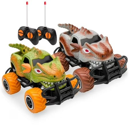 Best Choice Products Set of 2 1/43 Scale 27MHz Toy Dinosaur RC Cars w/ 2 Controllers, 9mph Max Speed - B1 - 1006