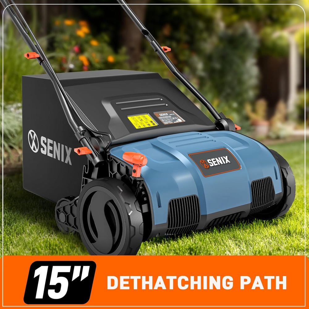 SENIX 13 Amp 15-Inch 2-in-1 Electric Dethatcher and Scarifier with 13.2-Gal Collection Bag,4-Position Depth Adjustment,Walk Behind for Lawn Garden Care Removing Thatch,Quick-Fold(SCE13-M) 1510