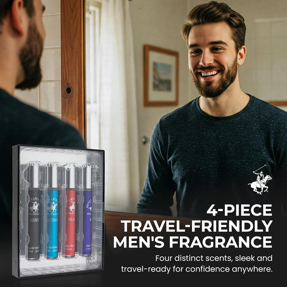 Beverly Hills Polo Club EDT Pen Spray Collection - Set of 4 Men's Fragrance Gift Set - Active, Sexy, Blaze and Blue Scent - Long-Lasting, Travel-Friendly Cologne for Men (10ml Each) -F6-0046