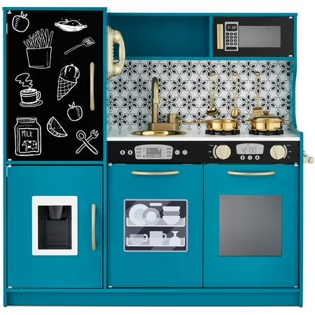 Best Choice Products Pretend Play Kitchen Wooden Toy Set for Kids w/ Telephone, Utensils, Oven, Microwave - Teal - A10 - 1512