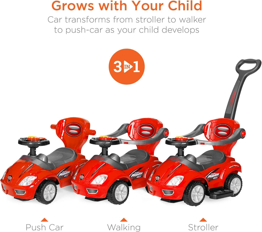 Best Choice Products Kids 3-in-1 Push and Pedal Car Toddler Ride On w/Handle, Horn, Music - Red - K2 - 1967