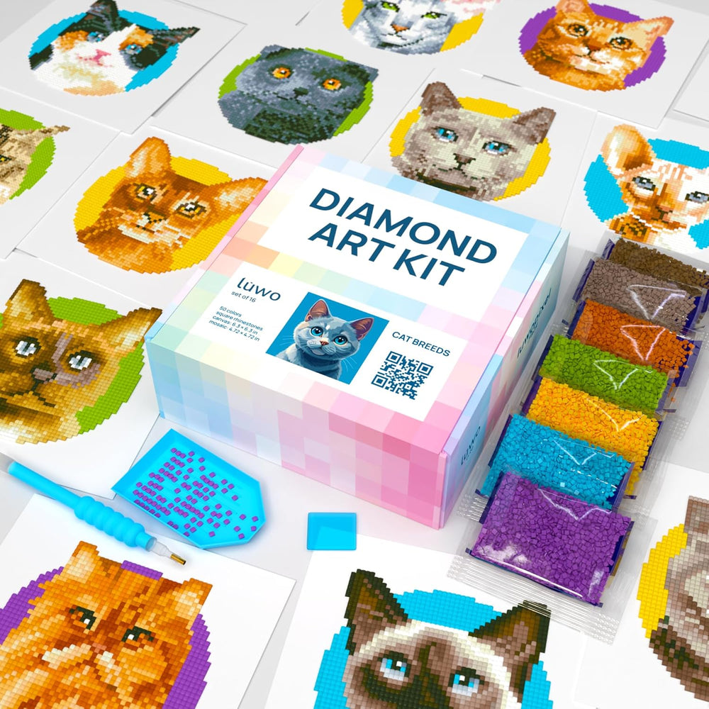 LuwoArte 16 Pack Diamond Painting Kits for Adults   5D DIY Diamond Art Kits with Tools   Full Drill Paint Gem Art   Brilliant Diamond Painting Kit Featuring Cat Breeds   Relaxing Craft for Home D cor 1306