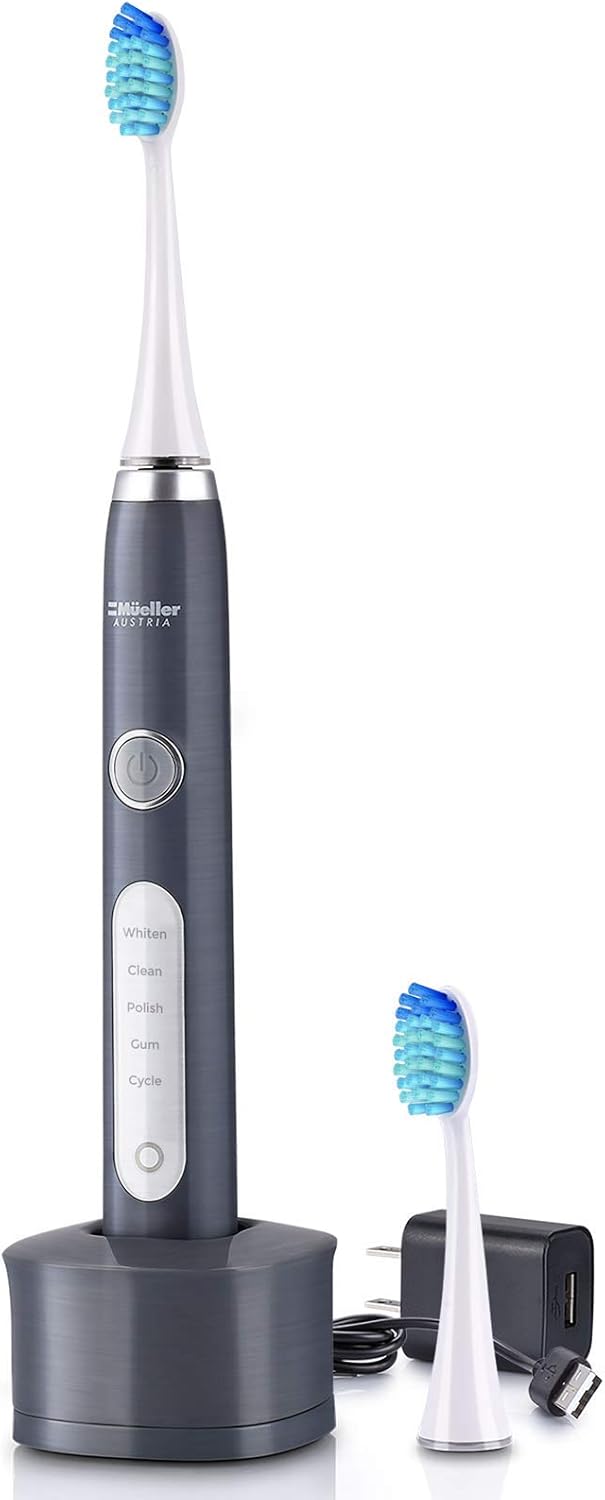Mueller Sonic Rechargeable Electric Toothbrush with CrossClean Technology, 5 Modes, IPX7 Fully Waterproof, Built-in Auto Timer, 3D Cleaning Action, Grey -B13-1327