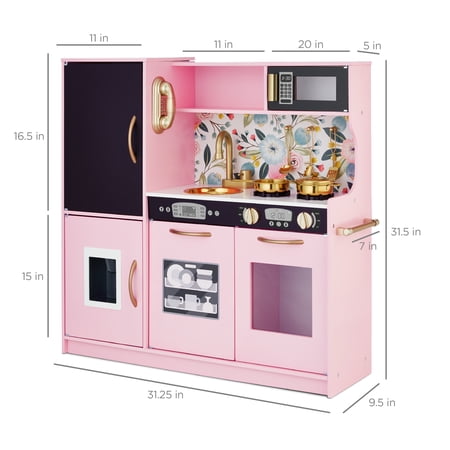 Best Choice Products Pretend Play Kitchen Wooden Toy Set for Kids w/ Telephone, Utensils, Oven, Microwave- Pink Floral - F10 - 1065