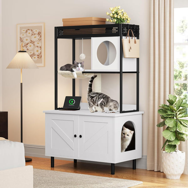 YITAHOME Cat Litter Box Enclosure with Shelves and Charging Station, Large Hidden Wooden Cabinet with Scratch Post, Feeding Station, and House Condo, White - H1 - 1896