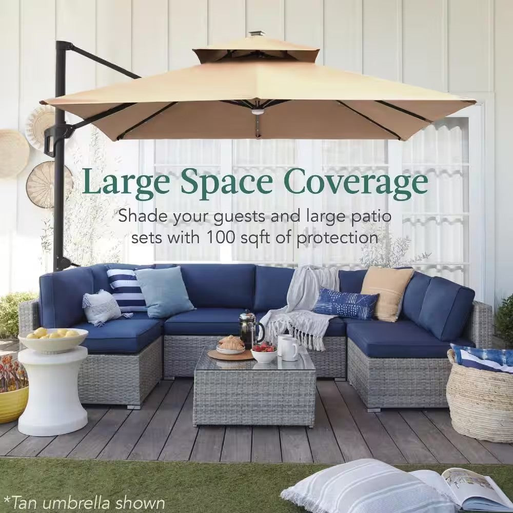 10 ft. Solar LED 2-Tier Square Cantilever Patio Umbrella with Base Included in Ivory - TR - 279