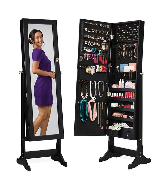 Best Choice Products Jewelry Armoire Cabinet, Full Length Mirror w/ Velvet Storage Interior, Lock - Black -C3-1030