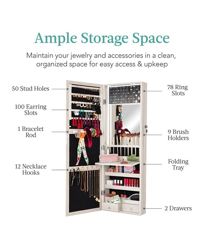 Best Choice Products Hanging Mirror Jewelry Armoire, Door or Wall Mounted Cabinet w/ LED Lights, Lock - White - D2 - 1034