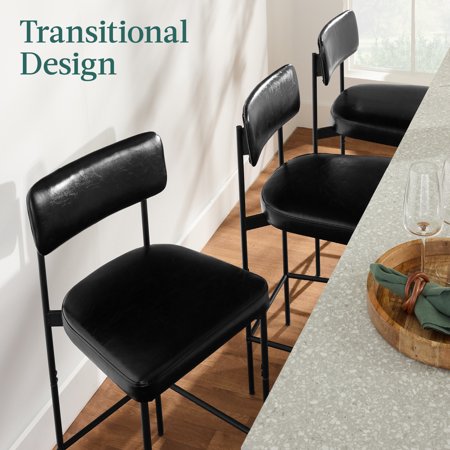 Best Choice Products Set of 3, Armless Counter Height Bar Stools, Modern PU Faux Leather Stools - Midnight Black - H5 - 1053