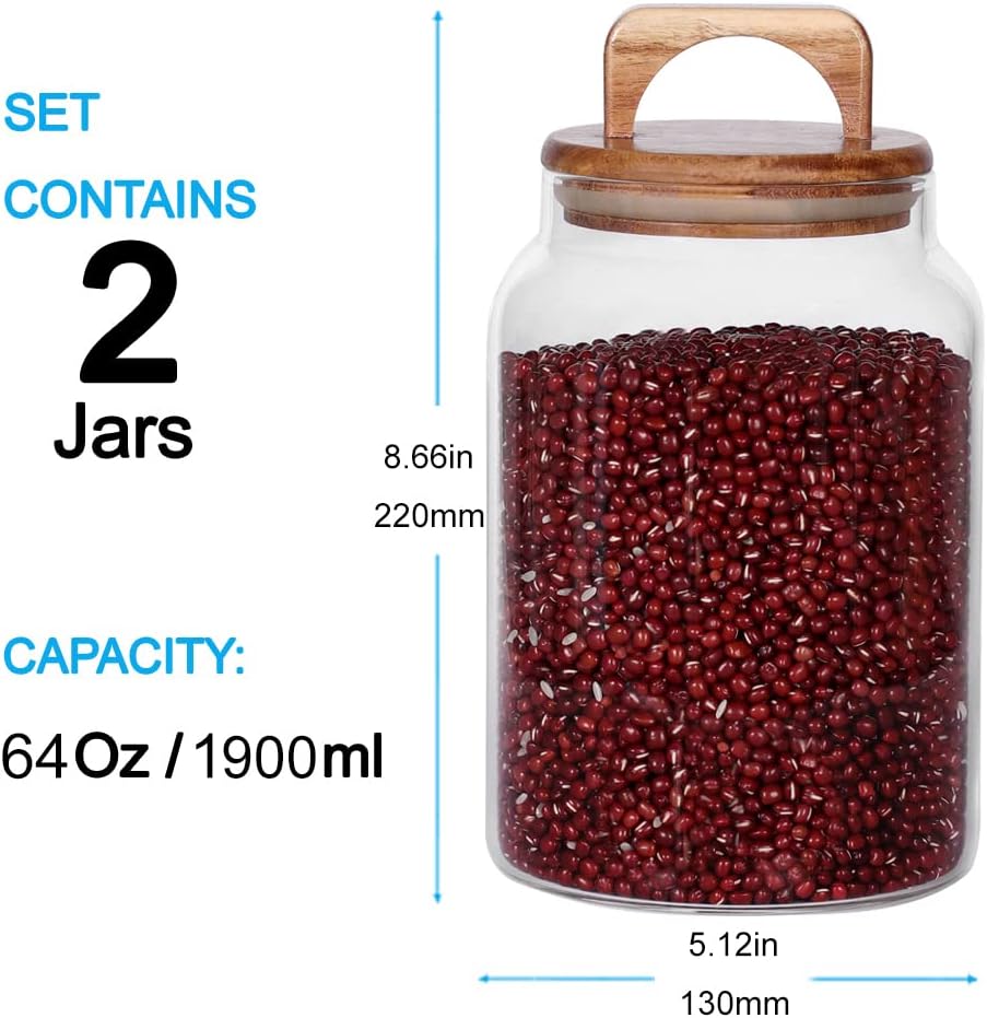 SAIOOL Canister Set of 2, Glass Kitchen Canisters with Airtight Acacia Lid, Tall Clear Airtight Food Storage Jar, Kitchen Pantry Storage Container for Noodles Flour Cereal Coffee - E1 - 937