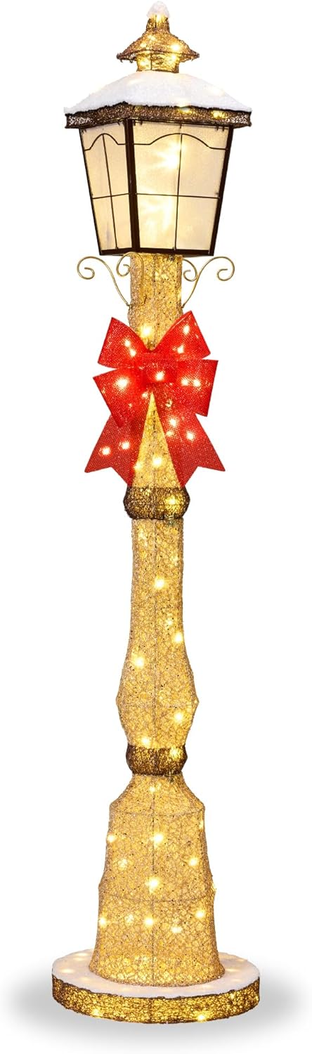 Best Choice Products Large Outdoor Christmas Lamppost Decoration, 6ft Tall with Lighted Bow, 100 LED Lights, Holiday Porch Lamp Post Decor- Gold - E5 - 990