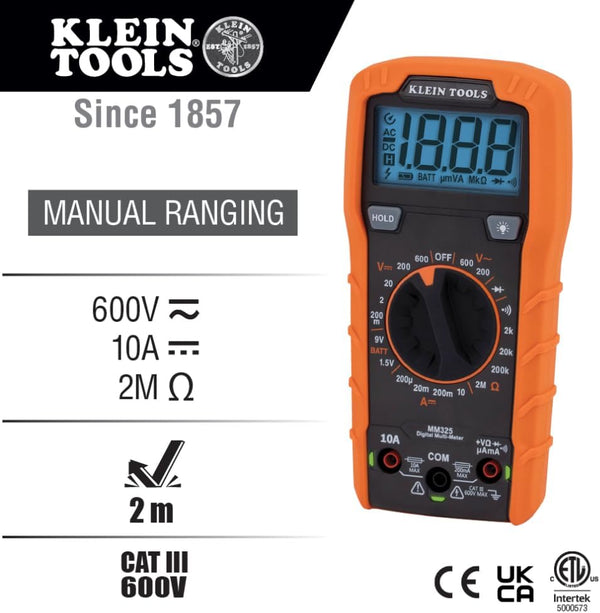 Klein Tools MM325 Multimeter, Digital Manual-Ranging 600V AC/DC Voltage Tester, Tests Batteries, Current, Resistance, Diodes, and Continuity 1820