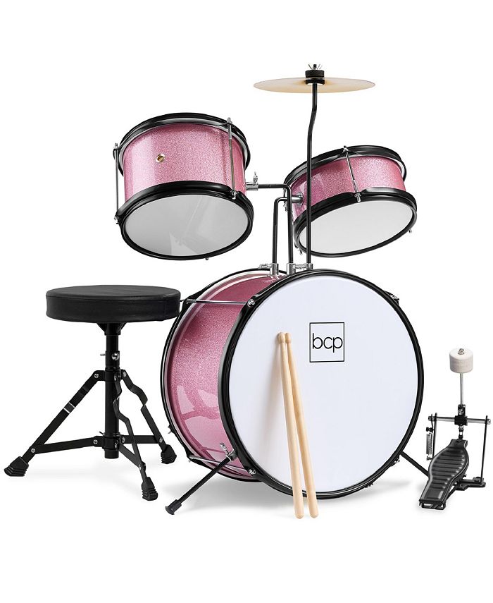 Best Choice Products Kids Beginner 3-Piece Drum, Musical Instrument Set w/ Sticks, Cushioned Stool, Drum Pedal - Pink - No Size - K3 - 1968