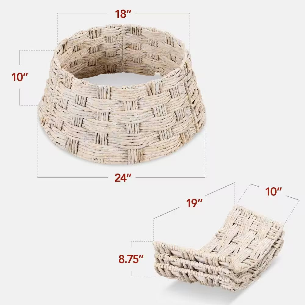 24 in. Basket Woven Hyacinth Christmas Cellulose Tree Collar, Skirt Accessory with Cord Cut-Out in White Washed -E3-1946