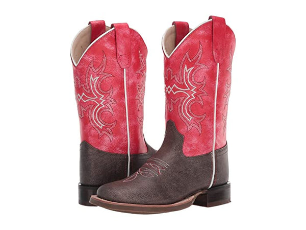 Old West Brow/Dark Pink Children Girls Leather Cowboy Boots 8.5D -J11-0297