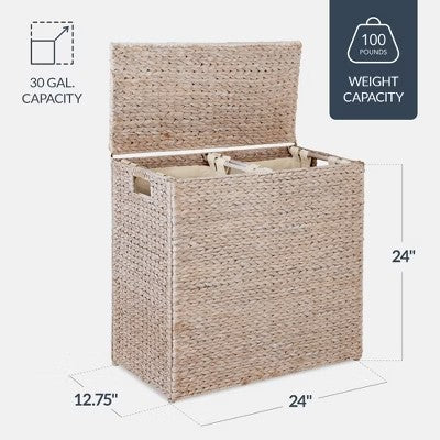 Best Choice Products Large Natural Water Hyacinth Double Laundry Hamper Basket w/ 2 Liner Bags, Handles - Whitewash 1822