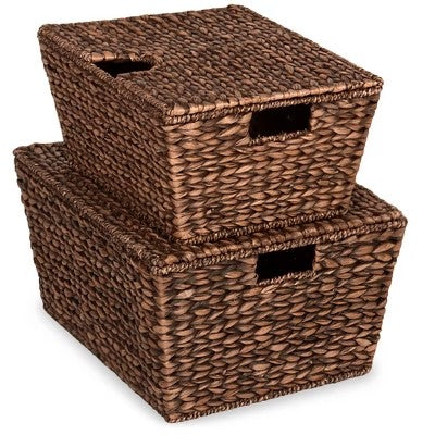 Best Choice Products Set of 2 XL Water Hyacinth Woven Tapered Storage Basket Chests w/ Attached Lid, Handle Hole - C1 - 992