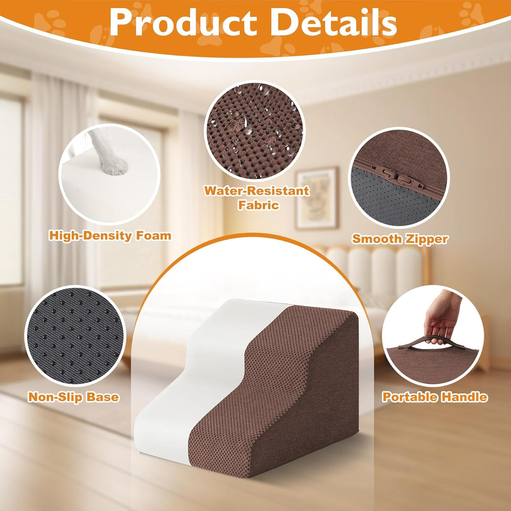 Dog Stairs for Small Dogs 11.5  H, 2-Step Dog Steps for Bed, Pet Stairs and Ramp for Dogs and Cats to Get on Beds, Couch, Non-Slip Balanced Pet Steps with Waterproof Cover, Brown - J3 - 1985