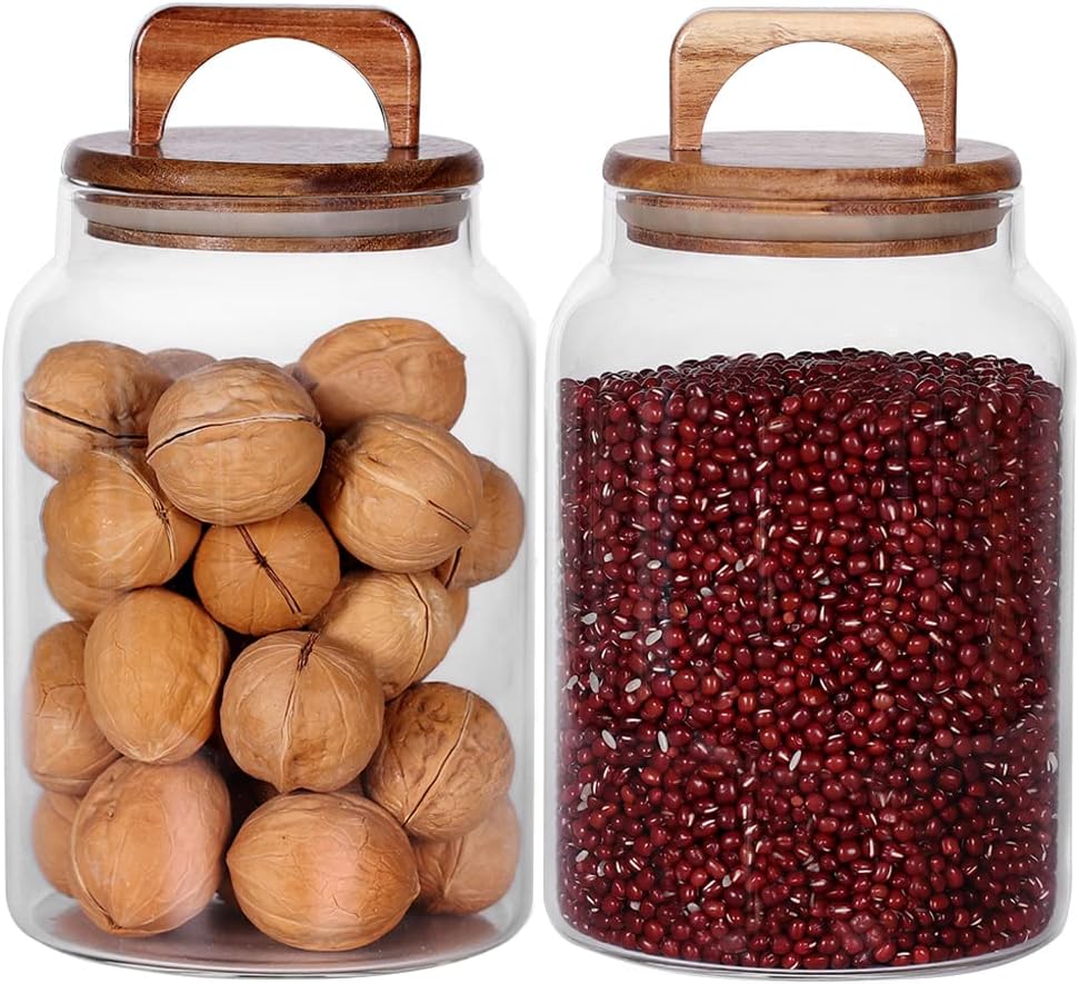 SAIOOL Canister Set of 2, Glass Kitchen Canisters with Airtight Acacia Lid, Tall Clear Airtight Food Storage Jar, Kitchen Pantry Storage Container for Noodles Flour Cereal Coffee - E1 - 937