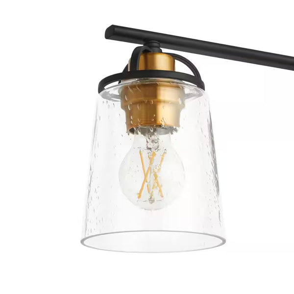 Goddard 33.18 in. 4-Light Bronze Industrial Bathroom Vanity Light with Vintage Brass Accents and Clear Seeded Glass 1950