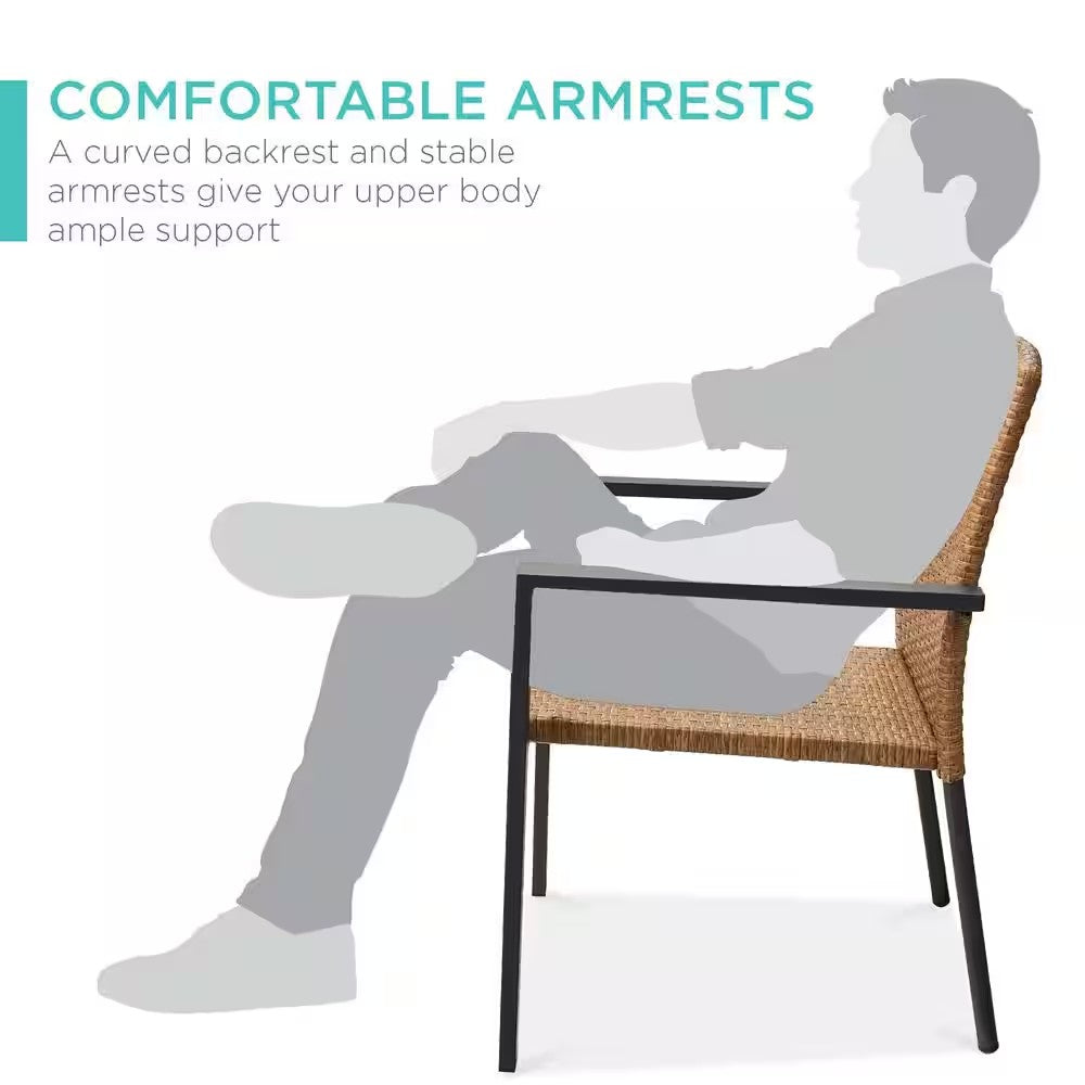 Set of 2 Stackable Natural Wicker Chairs with Armrests, Steel Conversation Accent Furniture for Patio -M5-0034
