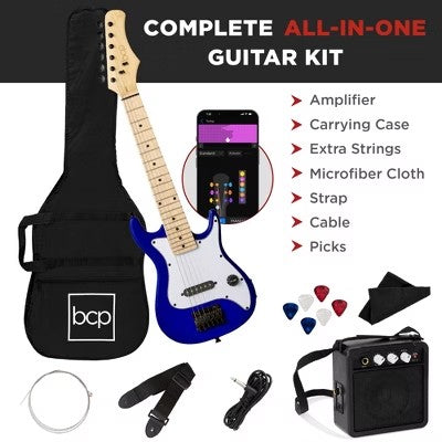 Best Choice Products 30in Kids Electric Guitar Beginner Starter Kit w/ 5W Amplifier, Strap, Case - Metallic Blue - F3 - 1595