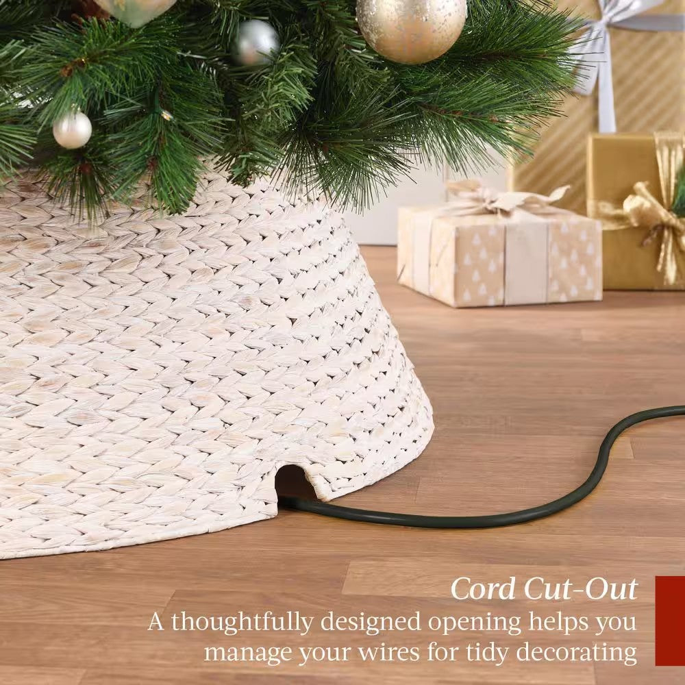 36 in. Washed White Woven Hyacinth Christmas Cellulose Tree Collar with Cord Cut-Out -F1-1600