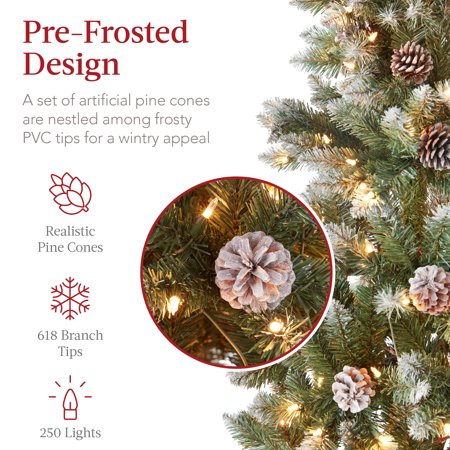 Best Choice Products 6ft Pre-Lit Partially Flocked Pencil Christmas Tree w/ 250 Lights, Pine Cones, Foldable Stand - B5 - 467