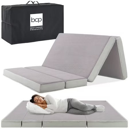 Best Choice Products 4in Thick Folding Portable Queen Tri-Fold Mattress w/ Carry Case, Washable Cover - Gray 1771 -K2-0039
