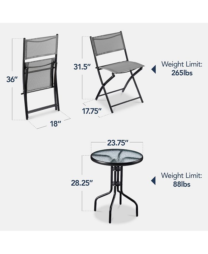 Best Choice Products 3-Piece Patio Bistro Dining Furniture Set w/ Round Textured Glass Tabletop, Folding Chairs - Gray - NO SIZE - M1 - 1822