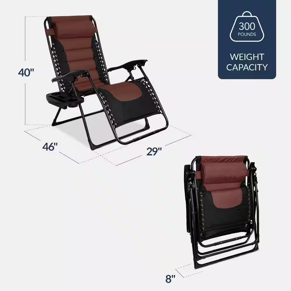 Oversized Padded Zero Gravity Brown Metal Reclining Outdoor Lawn Chair w/Side Tray -D9-0593