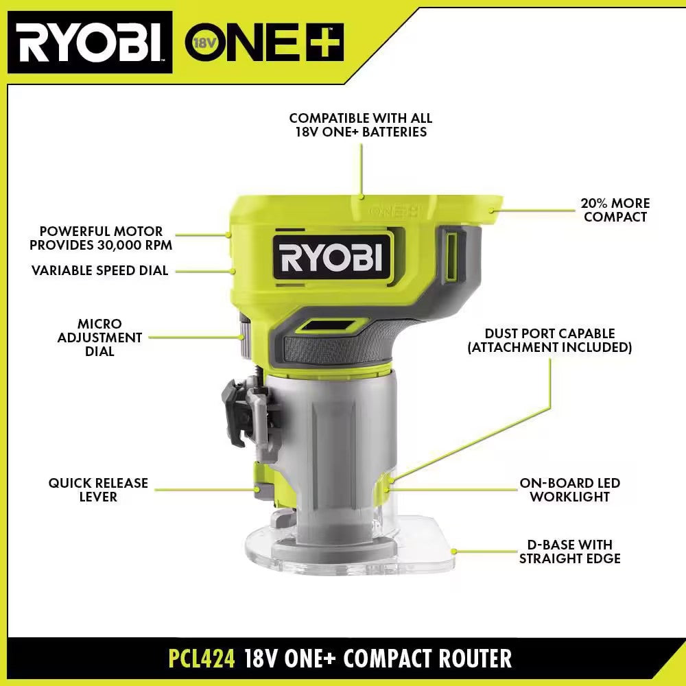 RYOBI ONE+ 18V Cordless Compact Fixed Base Router (Tool Only) B1726