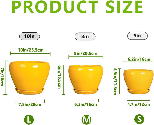 Ceramic Planters Set of 3 - Modern Round 10+8+6 Inch Plant Pots with Drainage Holes and Plant Trays for Indoor Outdoor Flowers, Decorative Garden Room Home Decor, Housewarming Gifts, Yellow 1827