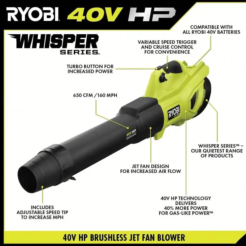 RYOBI 40V HP Brushless Whisper Series 160 MPH 650 CFM Cordless Battery Leaf Blower 1039b