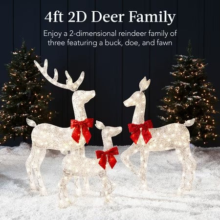 Best Choice Products 4ft 3-Piece Lighted 2D Christmas Deer Set Outdoor Yard Decoration w/ 175 LED Lights, Stakes - White-F1-1596