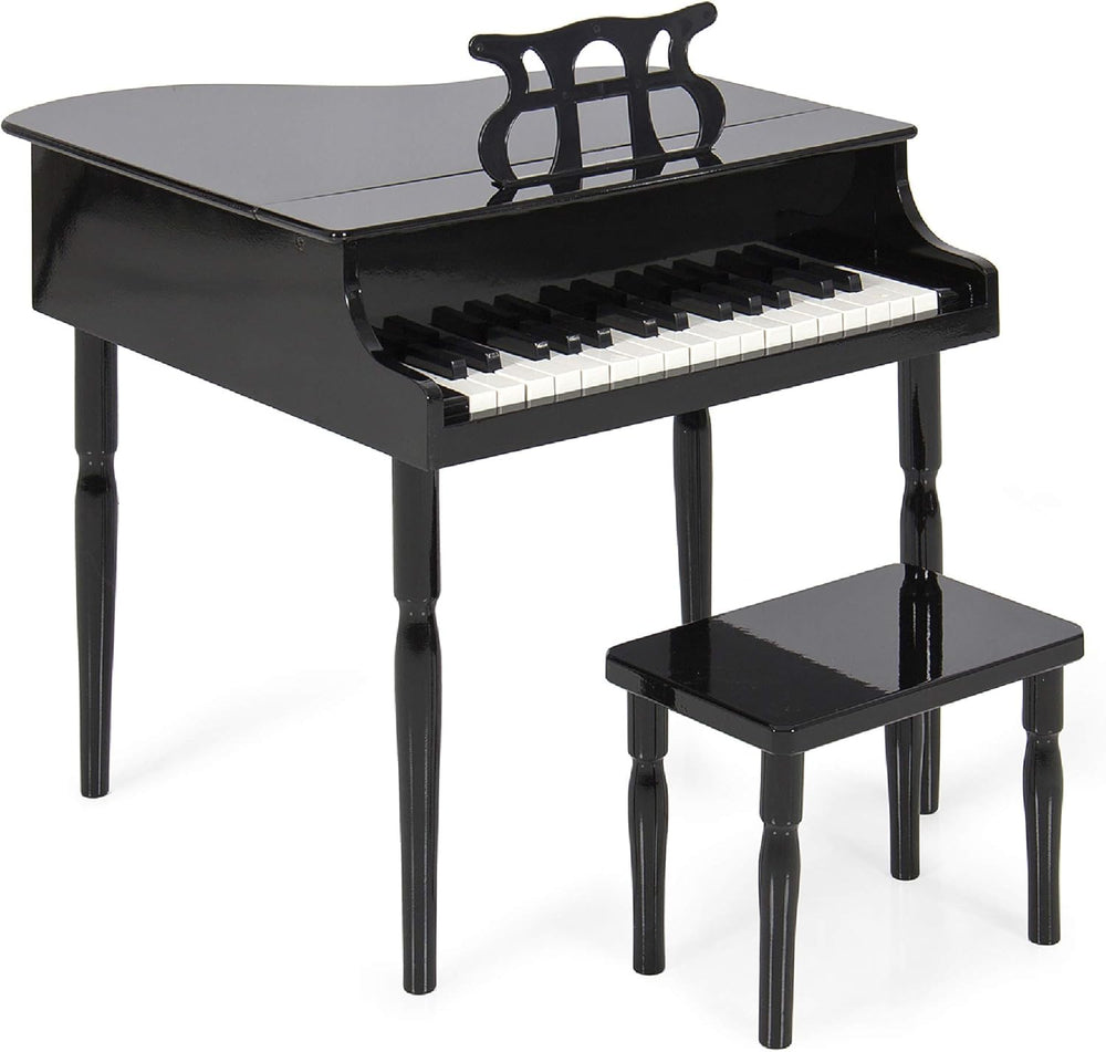 Best Choice Products Kids Classic Wooden 30-Key Mini Grand Piano Musical Instrument Toy w/ Piano Lid, Bench, Foldable Music Rack, Song Book, Note Stickers, Enamel Finish - Black - D10 - 719