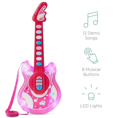 Best Choice Products 19in Kids Flash Guitar, Pretend Play Musical Instrument Toy for Toddlers w/ Mic, Stand - Pink - B1 - 1003