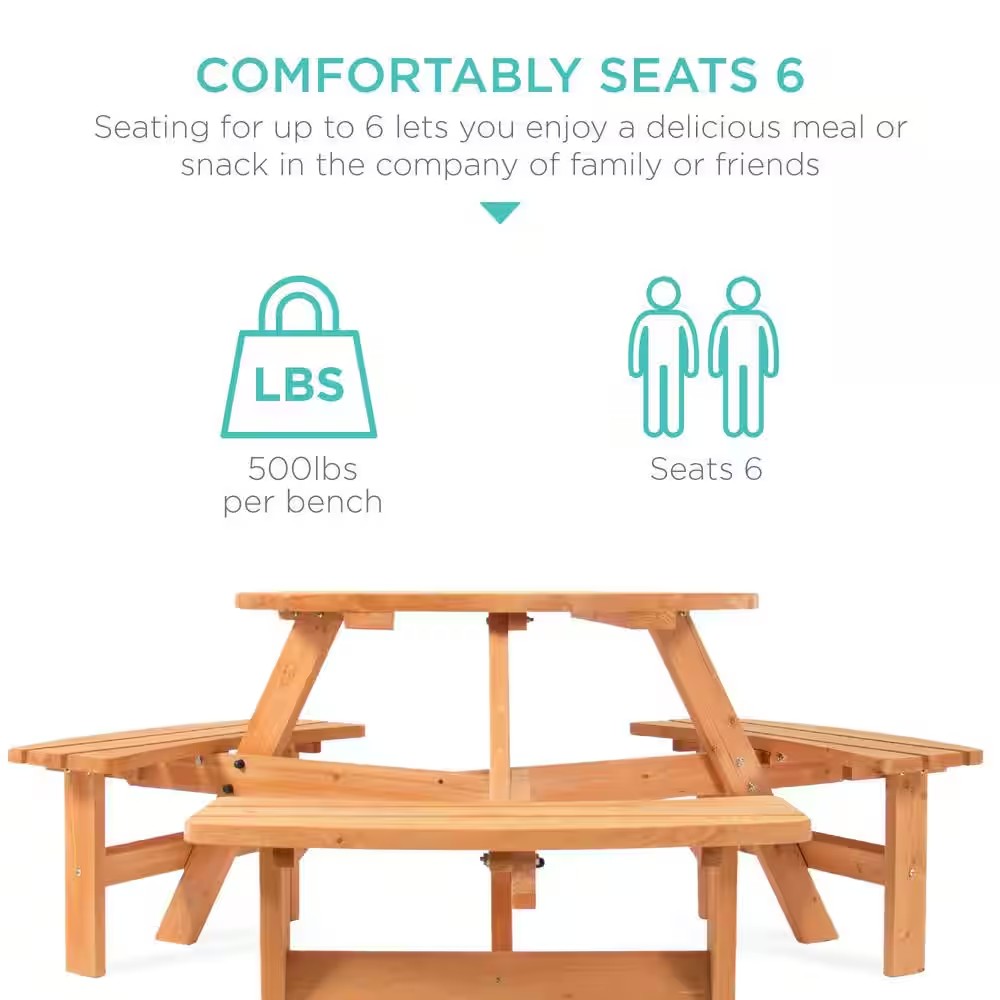 6-Person Natural Circular Wooden Picnic Table w/ Umbrella Hole, 3-Benches - H8 - 115