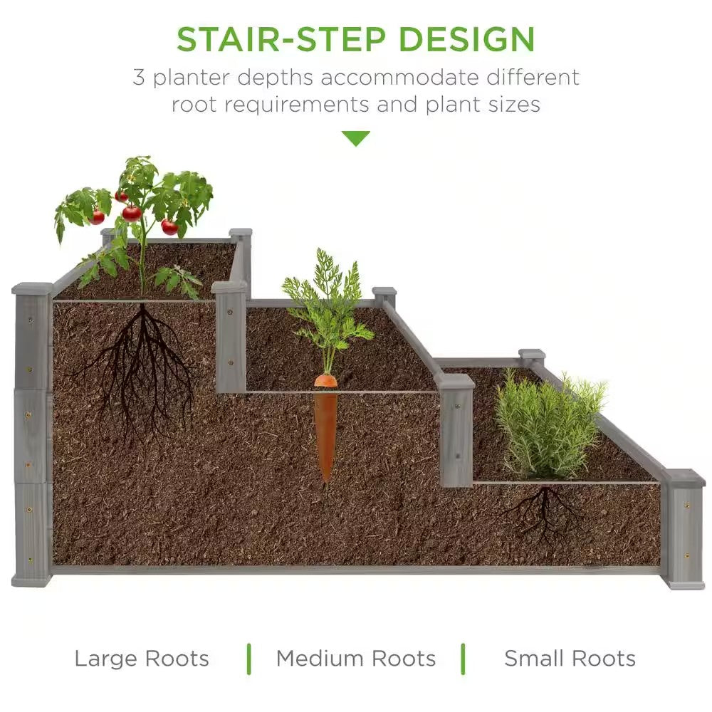 4 ft. x 4 ft. 3-Tier Wooden Raised Garden Bed Planter Kit for Plants, Vegetables, Outdoor Gardening - Gray - M8 - 1913